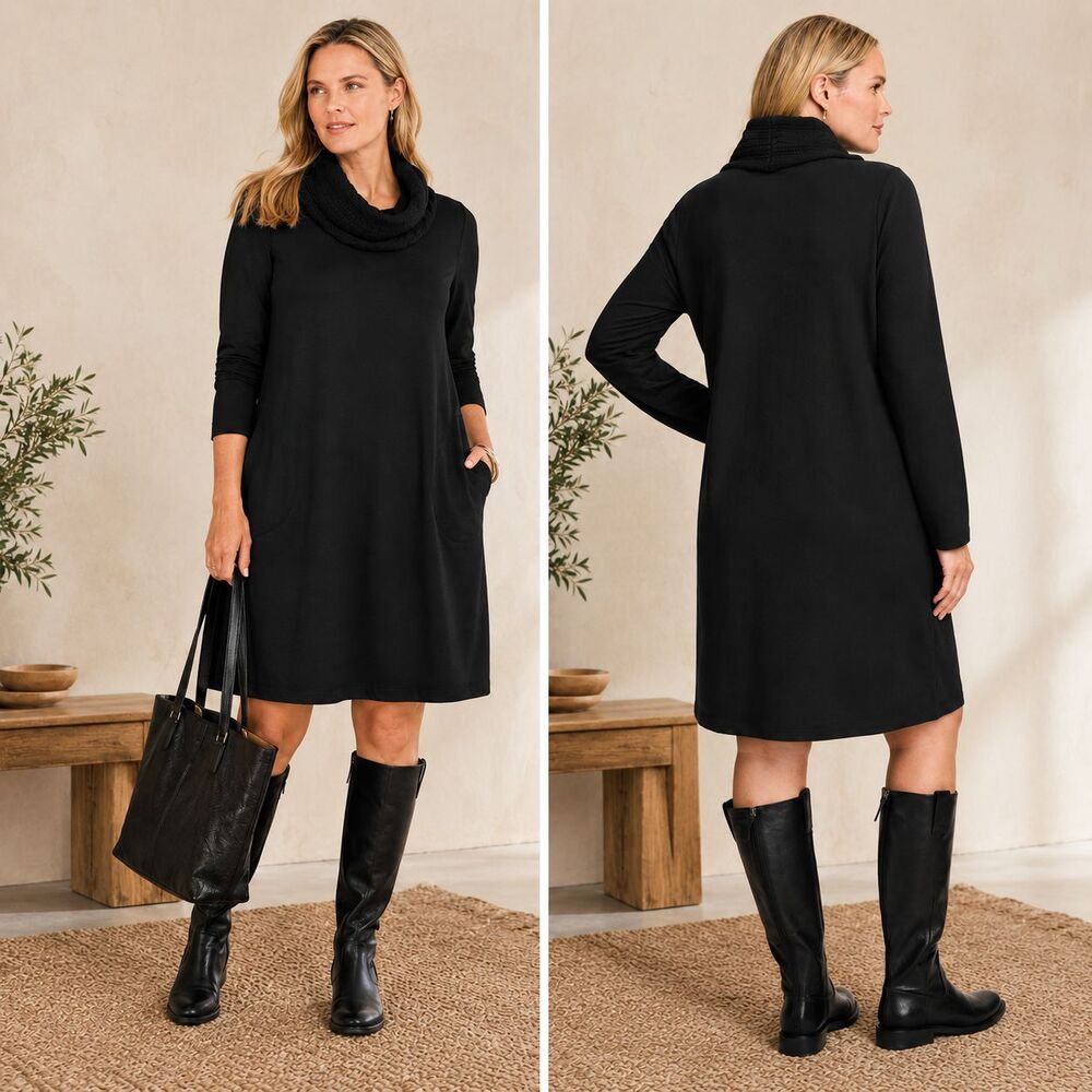 J Jill Cowl Neck Sweater Dress Medium Black Fleece Cozy Knit Pockets Capsule NEW